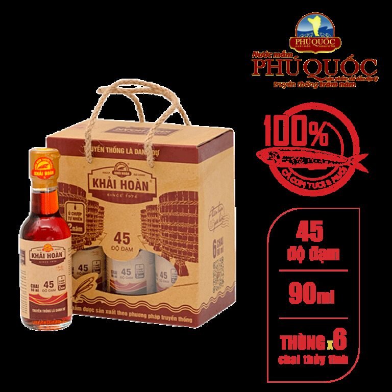 NƯỚC MẮM KHẢI HOÀN 45 ĐỘ ĐẠM CAO CẤP – HỘP 6 CHAI 90ML