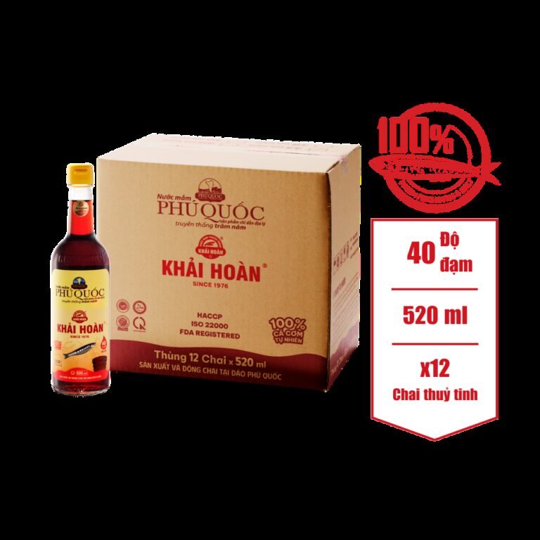 THÙNG 12 CHAI 520ML NƯỚC MẮM KHẢI HOÀN 40 ĐẠM